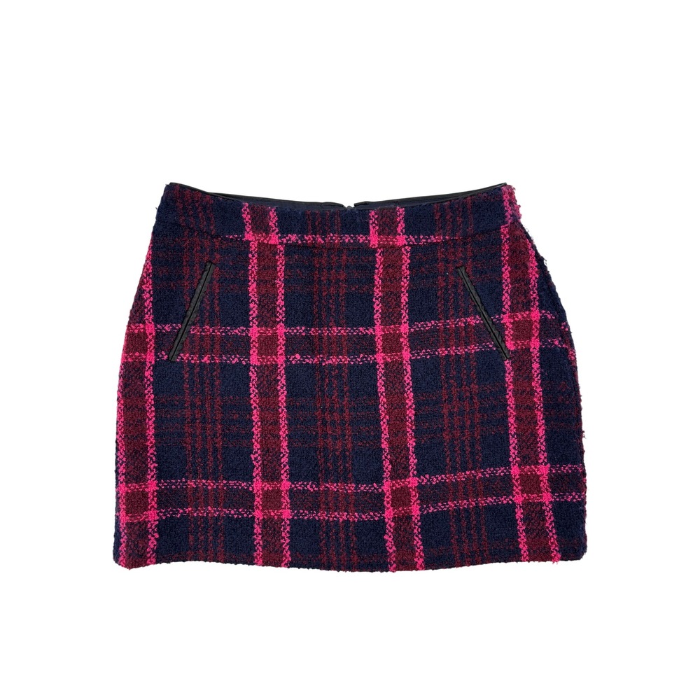 Oasis Plaid Tweed Mini Skirt Navy Pink Black Leather Trim Size 12